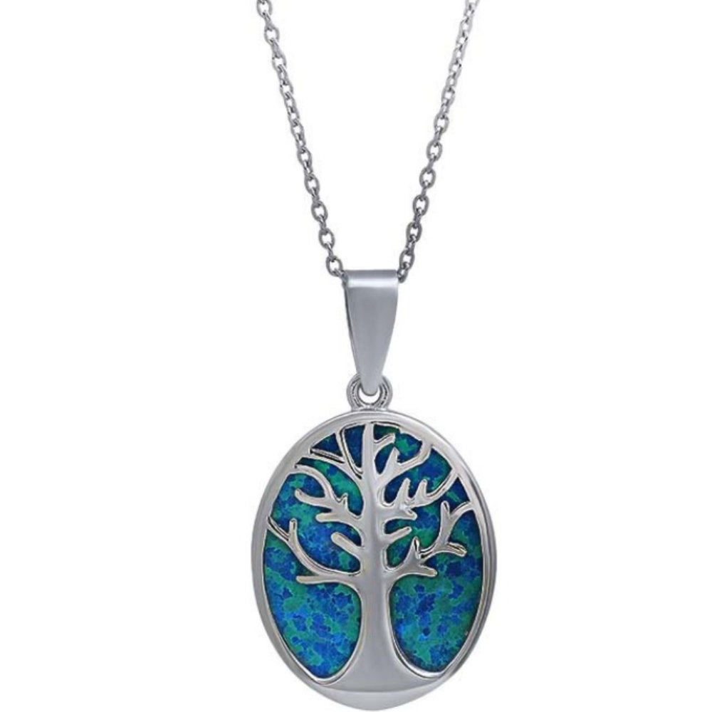 NWT Sterling Silver Rhodium-plated Simulated Opal Tree Of Life Pendant & chain